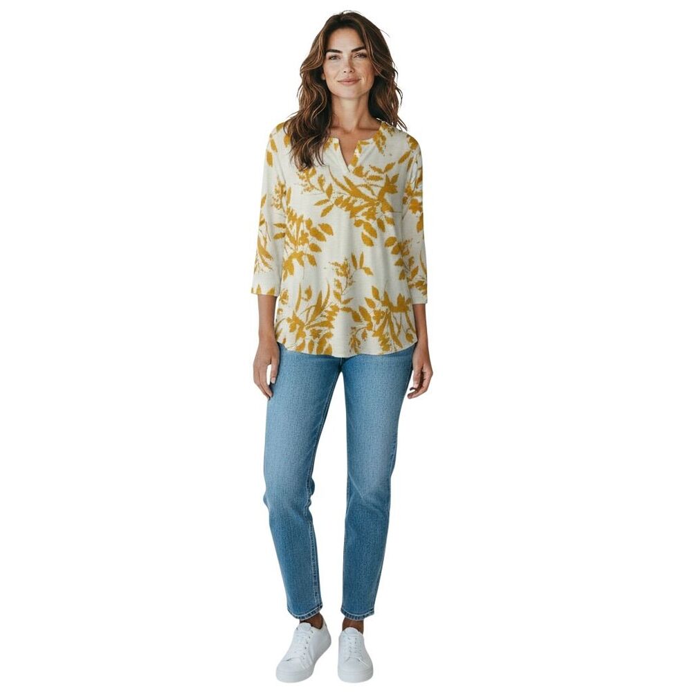 St. John's Bay Women's Floral V-Neck Blouse Size L 3/4 Sleeve Casual